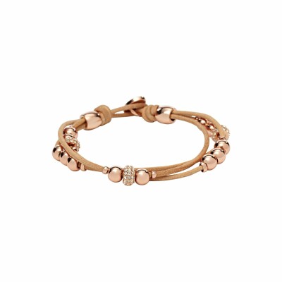 Bracelet FOSSIL en cuir et boules dorées rose