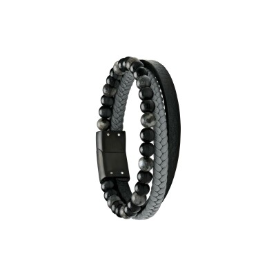 Bracelet Jourdan Bijoux Hercule en cuir, acier pvd, onyx et quartz