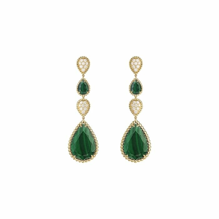 Boucheron Serpent Bohème hanging earrings, set with malachite and diamond paved on yellow gold