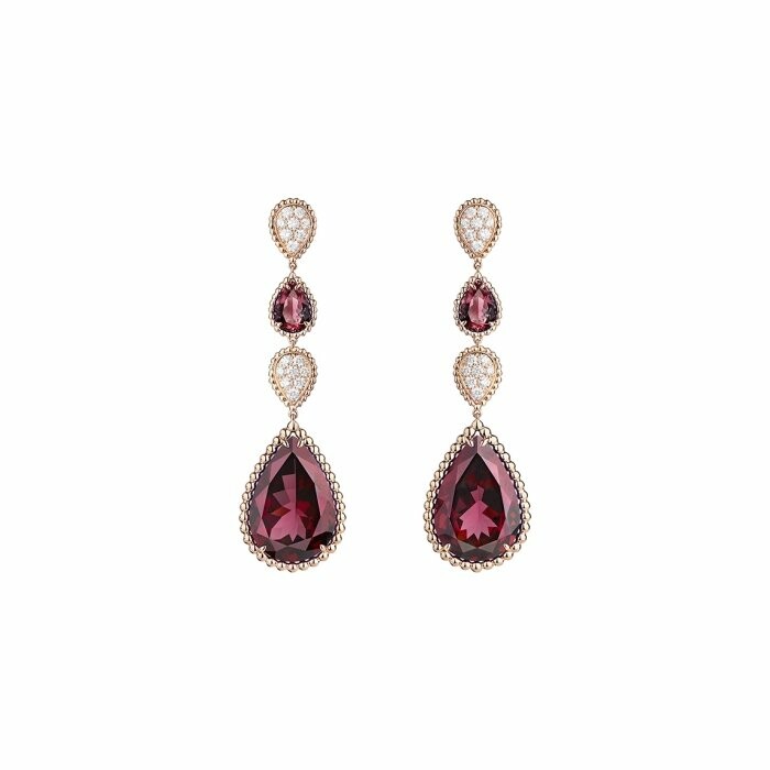 Boucheron Serpent Bohème hanging earrings, set with rhodolite garnet and diamond paved on pink gold