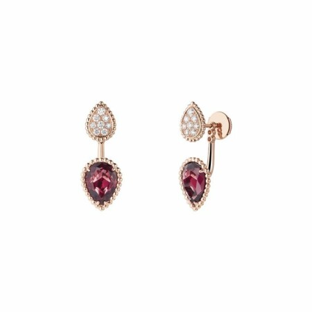 Mono Boucle d'oreille puce Boucheron Serpent Bohème sertie de grenat de rhodolite et pavée de diamants ronds, sur or rose