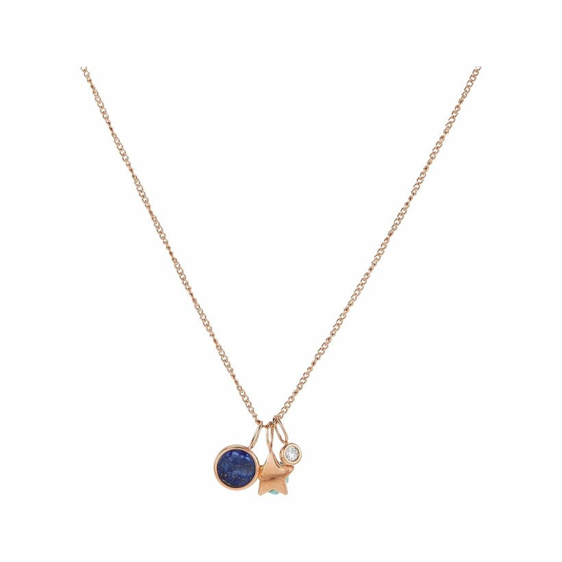 Collier Fossil Wellness en métal doré rose, strass et lapis lazuli