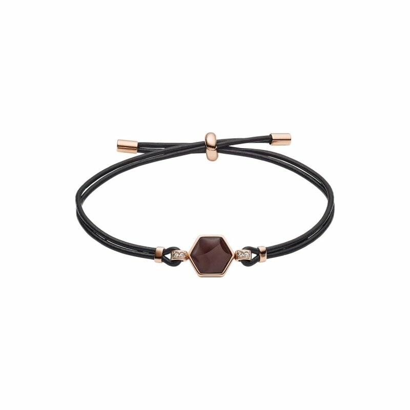 Bracelet Fossil Classics en cuir noir, strass et quartz