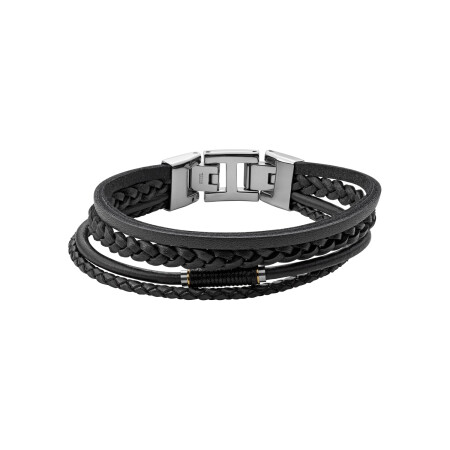 Bracelet Fossil Multistrands en cuir noir et acier