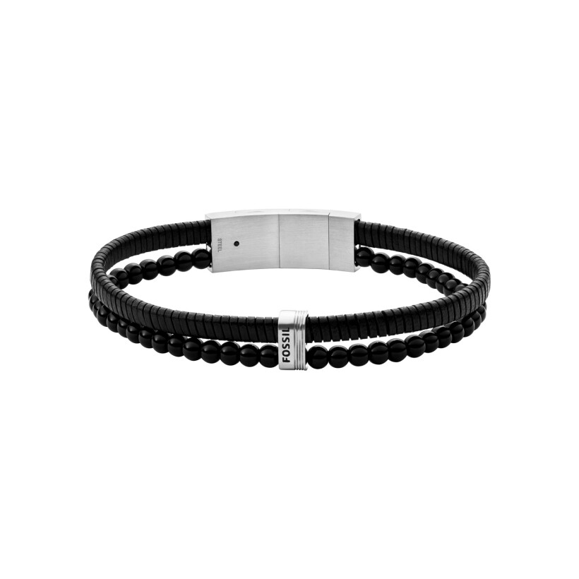 Bracelet Fossil Multistrands en cuir noir et acier