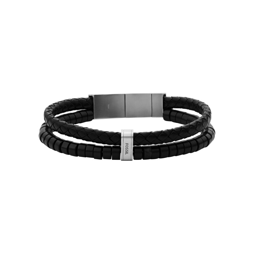 Bracelet Fossil Multistrands en cuir noir et acier