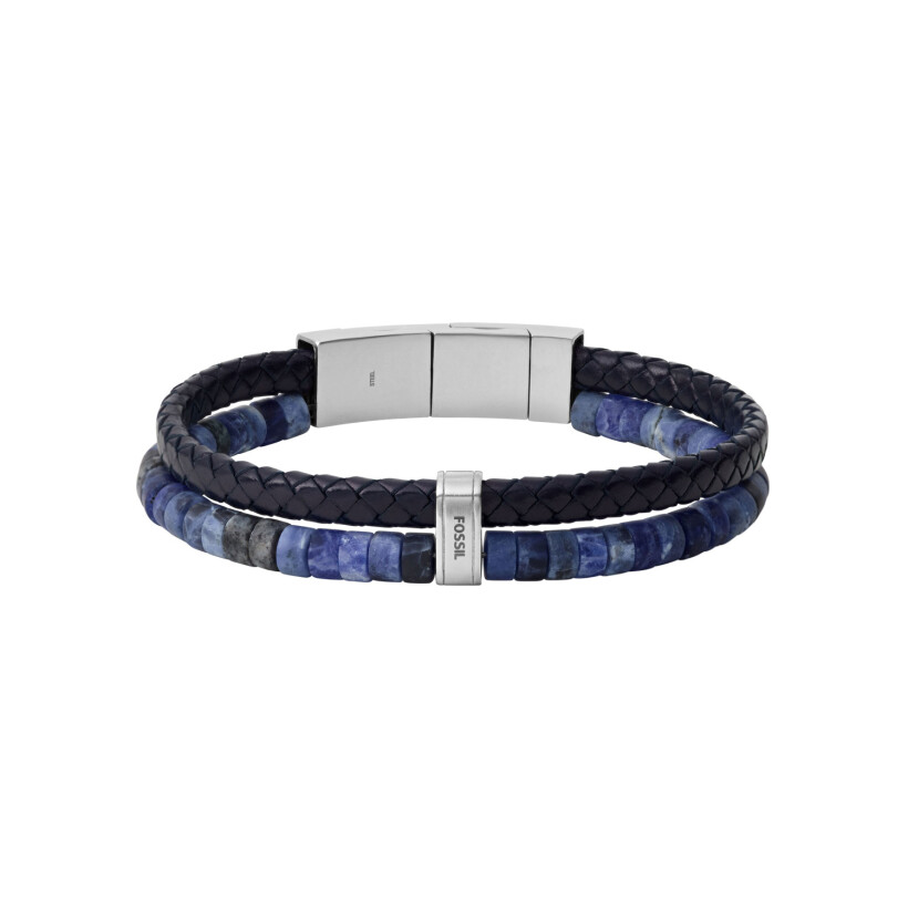 Bracelet Fossil Multistrands en cuir bleu et acier