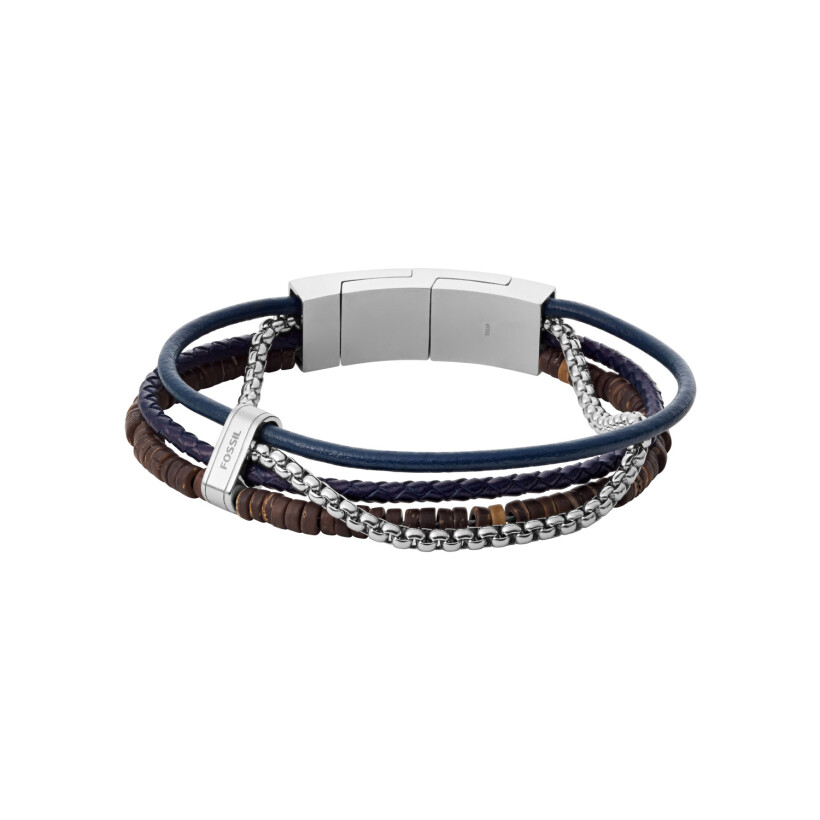 Bracelet Fossil Multistrands en cuir bleu et acier