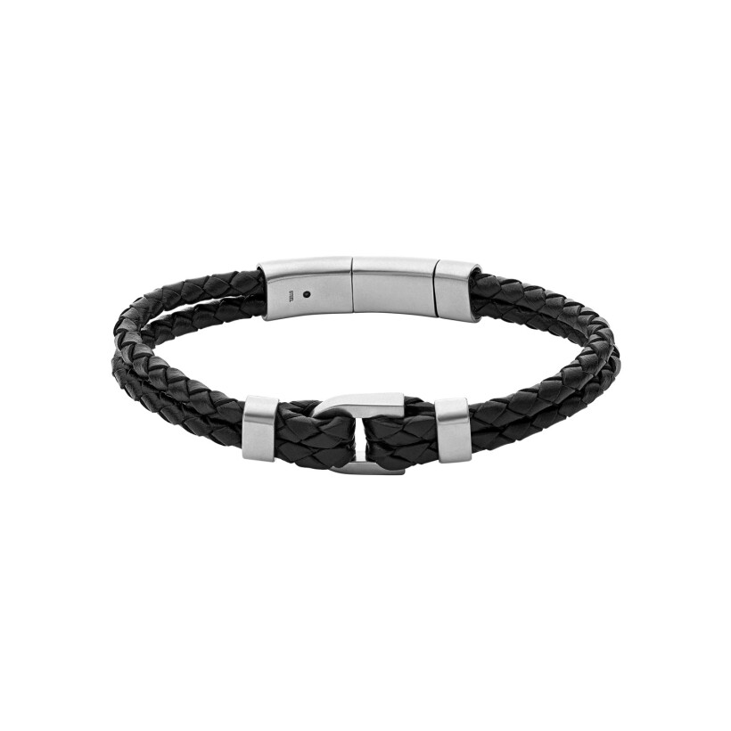 Bracelet Fossil D Link en cuir noir et acier