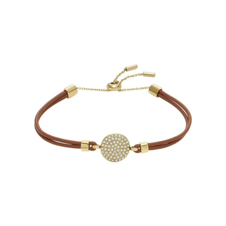 Bracelet Fossil Glitz Disc en cuir, acier doré et cristal