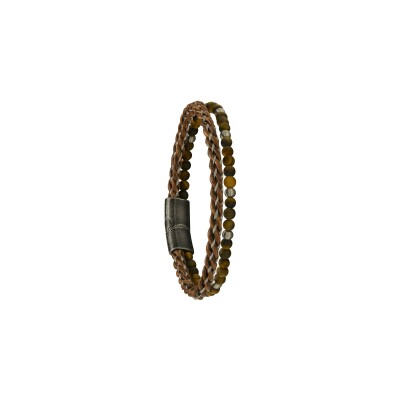 Bracelet Jourdan Bijoux Lores en cuir brun, acier et oeil de tigre