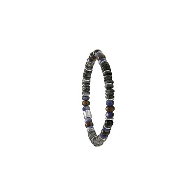 Bracelet Jourdan Bijoux Forel en acier, agate noire, ilménite, sodalite, labradorite et bronzite