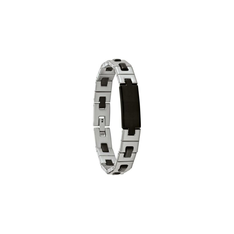 Bracelet Jourdan Bijoux Noir Thasos en cuir, acier et acier PVD noir