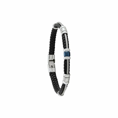 Bracelet Jourdan Bijoux Héritage Cuir Cuir Mike en cuir noir, acier et PVD bleu