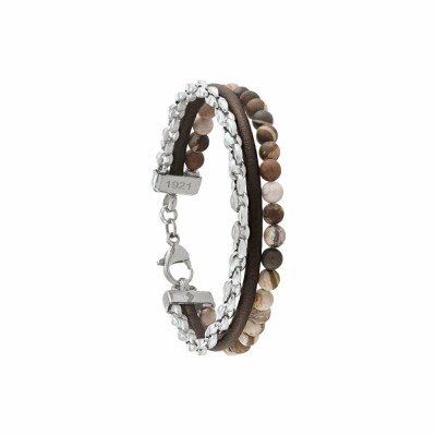 Bracelet Jourdan Bijoux Héritage Naturel Roc Fusion en cuir brun, acier et pierres naturelles