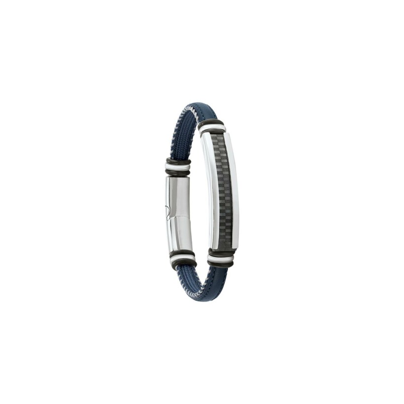 Bracelet Jourdan Bijoux Noir Cuir Cuir Grant en cuir bleu et acier