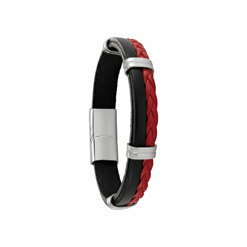 Bracelet Jourdan Bijoux Héritage Paros en cuir tressé rouge, cuir lisse noir et acier