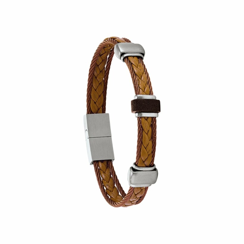 Bracelet Jourdan Bijoux Héritage Cook en cuir tressé camel, câbles blancs et acier