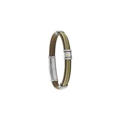 Bracelet Jourdan Bijoux Amaro en cuir marron, acier, cordon beige et vis en or 18 carats