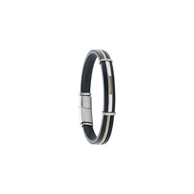 Bracelet Jourdan Bijoux Julio en cuir bleu, acier et cordon beige