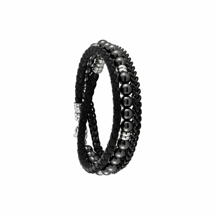 Bracelet Jourdan Bijoux Noir Naturel Roc Hydra en acier, cuir noir et hématite