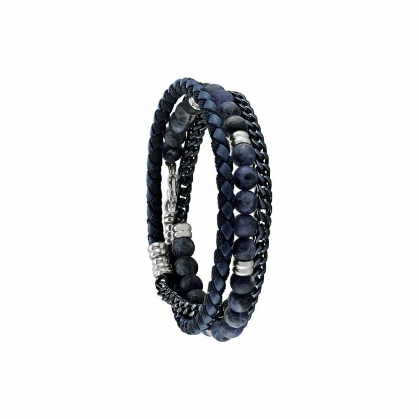 Bracelet Jourdan Bijoux Noir Naturel Roc Hydra en acier, cuir bleu et sodalite