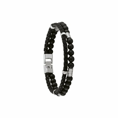 Bracelet Jourdan Bijoux Noir Naturel Roc Tauri en acier, cuir noir et onyx