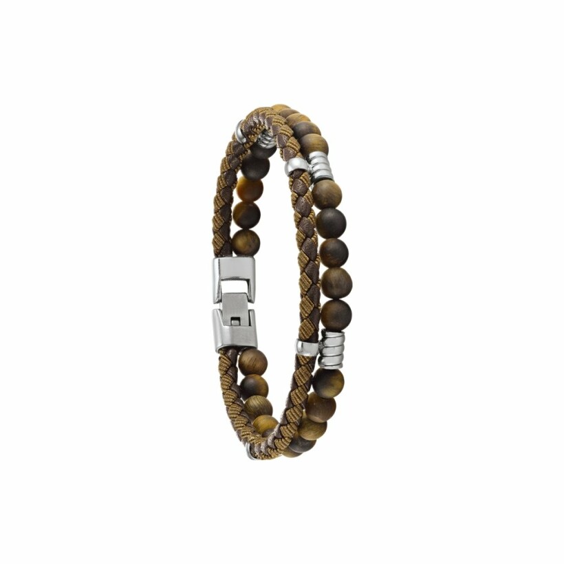 Bracelet Jourdan Bijoux Noir Naturel Roc Tauri en acier, cuir marron et œil de tigre
