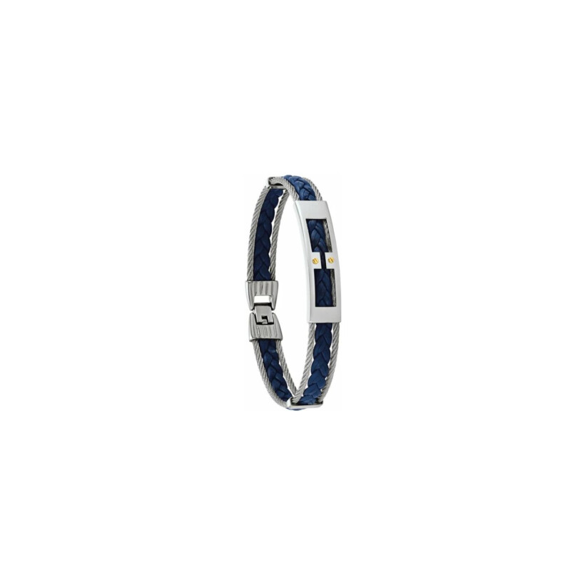 Bracelet Jourdan Bijoux Noir Sogno en acier, câble blanc et cordelette bleue