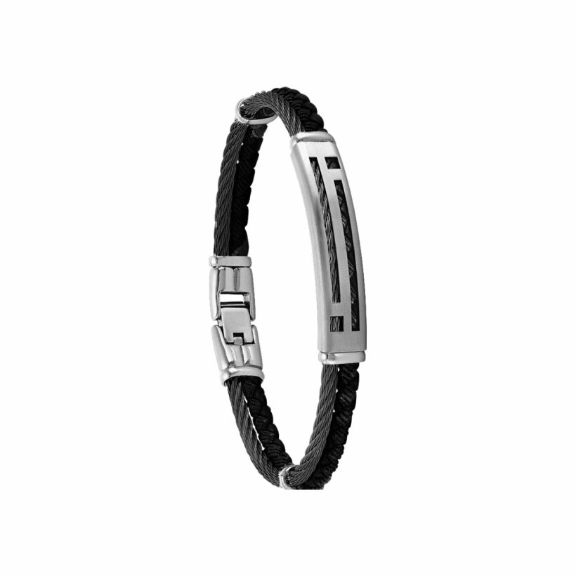 Bracelet Jourdan Bijoux Noir Diall en acier, câble noir et cordelette noire