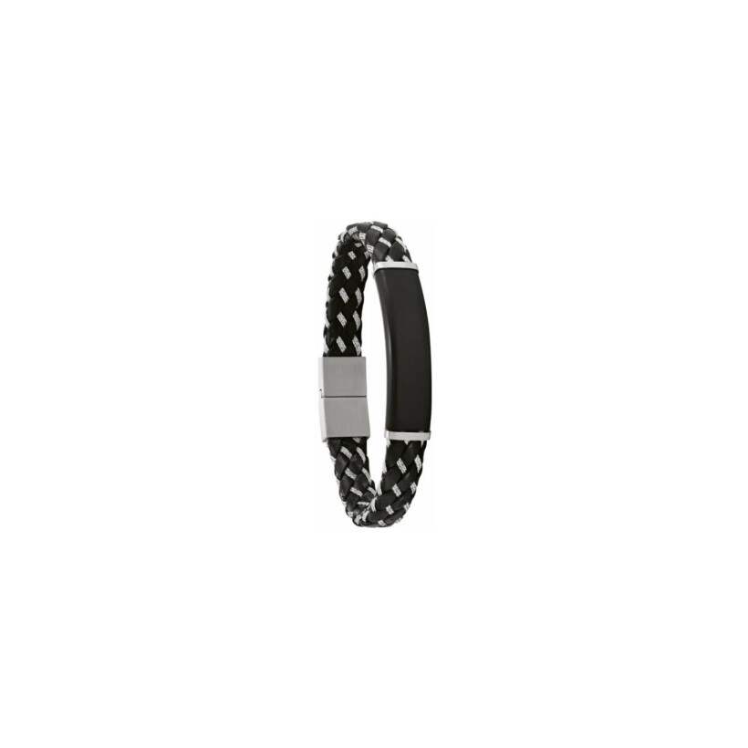 Bracelet Jourdan Bijoux Noir Kepler en cuir tressé noir, blanc et acier pvd noir