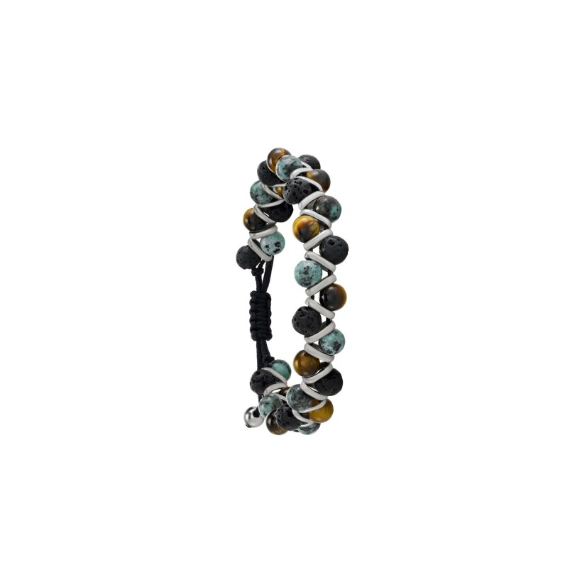 Bracelet Jourdan Bijoux Noir en acier, pierre de lave et œil de tigre