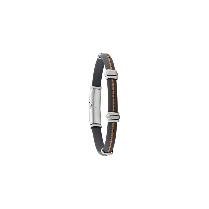 Bracelet Jourdan Bijoux Karel câble en acier PVD marron et caoutchouc gris