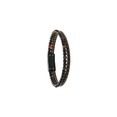 Bracelet Jourdan Bijoux Lores en cuir noir et brun, acier PVD noir, onyx et oeil de tigre