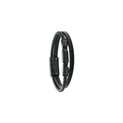 Bracelet Jourdan Bijoux Thémis en cuir, acier, carbone et onyx