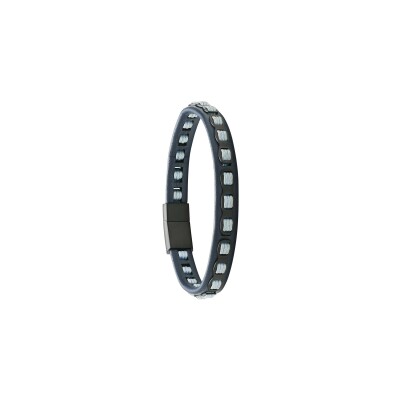 Bracelet Jourdan Bijoux Mael en cuir bleu, acier PVD noir et cordon bleu clair