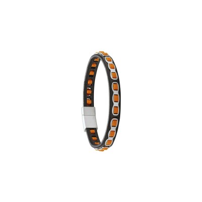 Bracelet Jourdan Bijoux Mael en cuir brun, acier et cordon orange