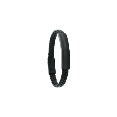 Bracelet Jourdan Bijoux Axon en cuir noir, acier PVD noir et carbone
