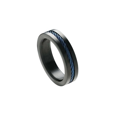 Bague Jourdan Bijoux Titan en acier, câble bleu et PVD noir