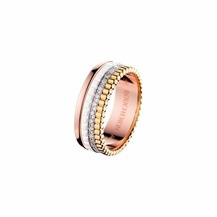 Boucheron Quatre White Edition Small ring, yellow, white, pink gold, diamonds and ceramic