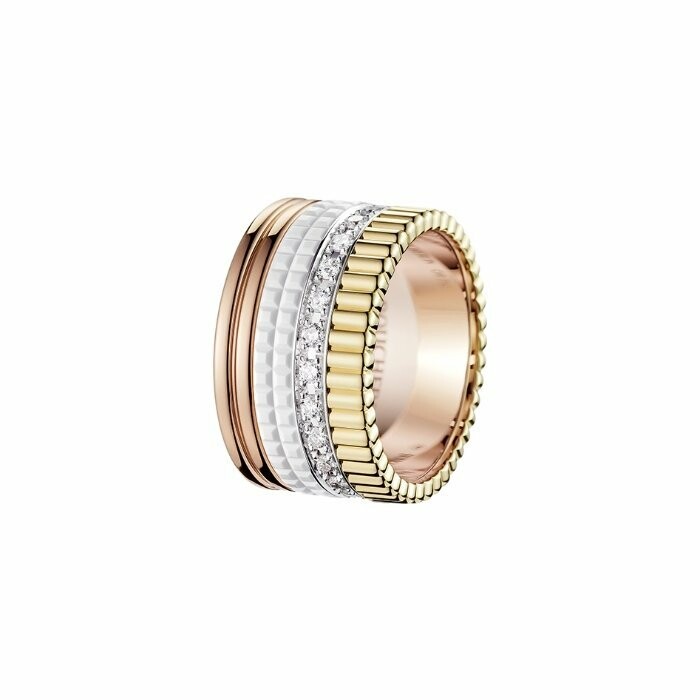 Boucheron Quatre White Edition Large ring, yellow, white, pink gold, ceramic and diamonds