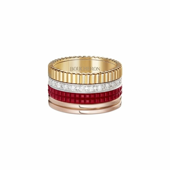 Boucheron Quatre ring big model, diamond paved on yellow gold, white gold, pink gold and red ceramic
