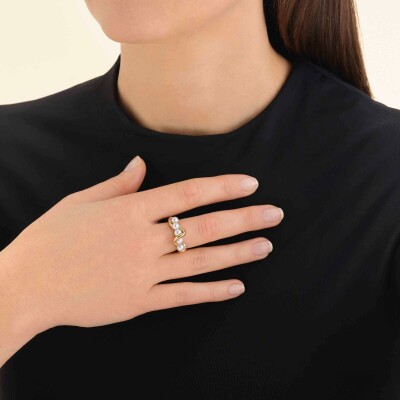 Bague Rosefield en acier plaqué or jaune et perles, taille 52