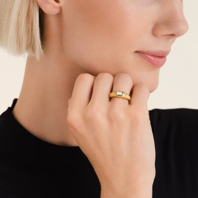Bague Rosefield octogonale striée iconique en acier doré, taille 54