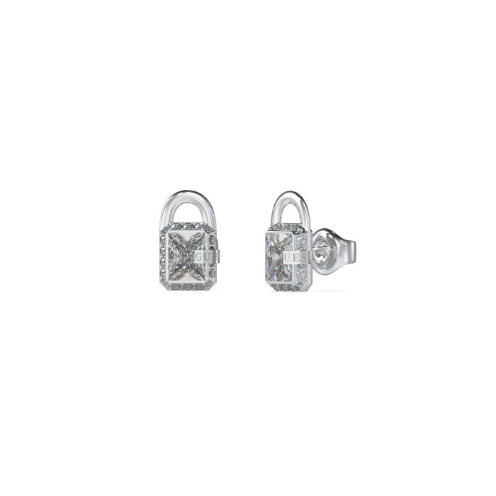Boucles d'oreilles Guess Shiny Padlock en acier rhodié, forme cadenas, oxydes de zirconium, 15mm