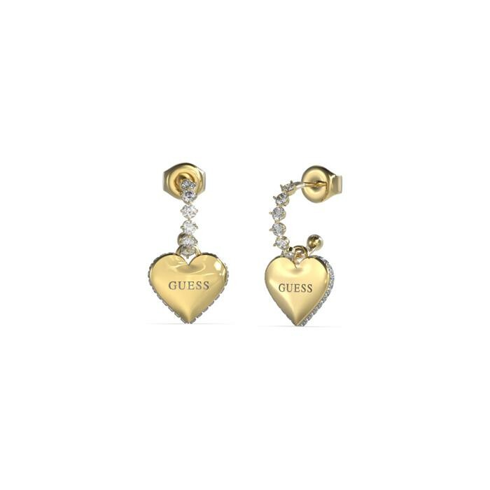 Boucles d'oreilles Guess Falling In Love en acier doré, forme cœur, oxydes de zirconium, 27mm