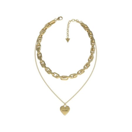 Collier Guess Falling In Love en acier doré, forme double chaîne cœur, oxydes de zirconium