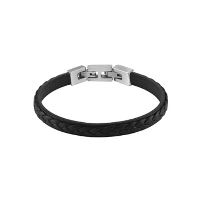 Bracelet Guess Tucson en acier rhodié et cuir noir tressé, 8mm