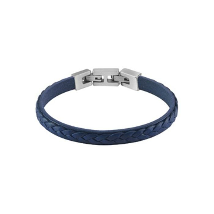 Bracelet Guess Tucson en acier rhodié et cuir bleu tressé, 8mm