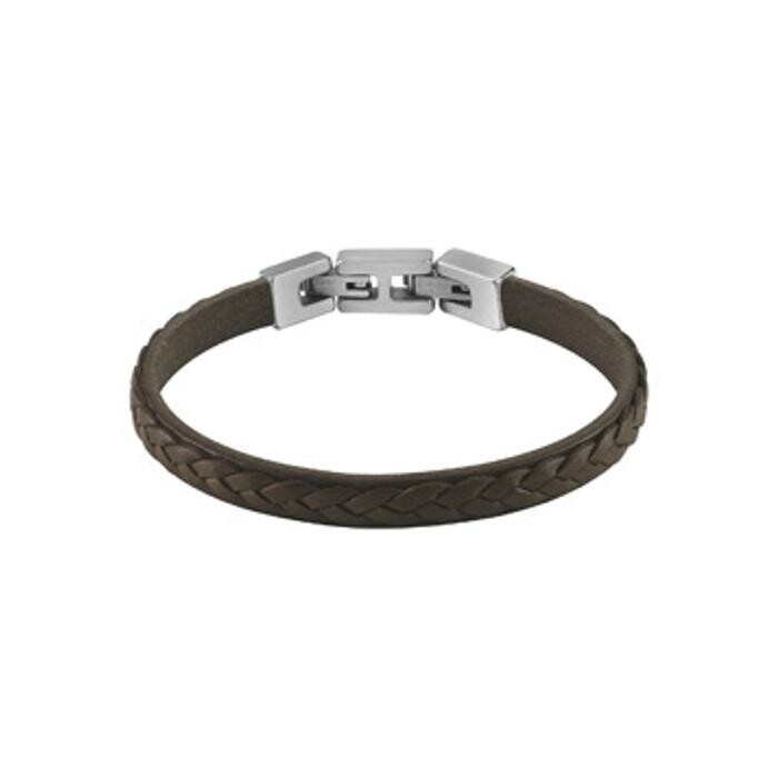 Bracelet Guess Tucson en acier rhodié et cuir marron foncé tressé, 8mm